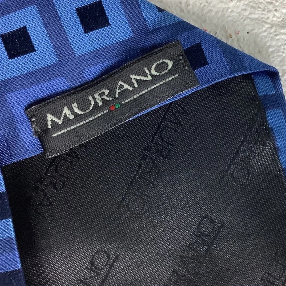 Murano Mens Silk Blend Necktie Blue Geometric Square Pattern Formal Business Tie
